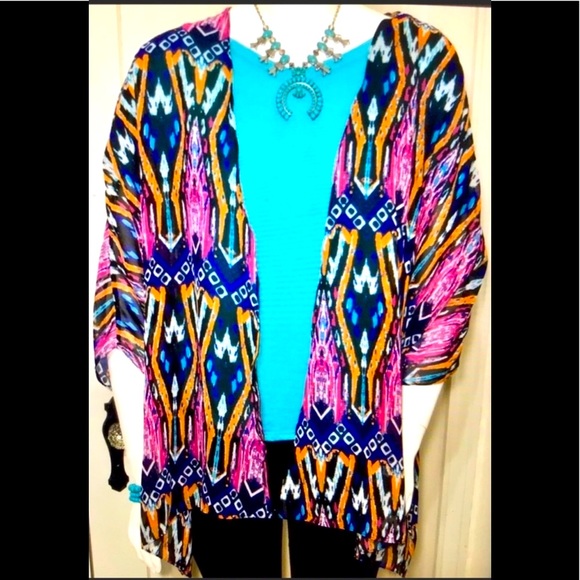 Simplicity Jackets & Blazers - KIMONO 1X OVERSIZED SWIM COVER LIGHTWEIGHT JACKET  PINK TURQ FIT S~1X  HOST PICK